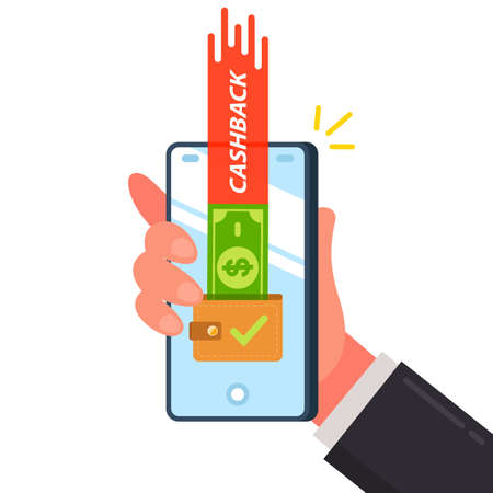 cashback bills in the wallet. hand with a mobile phone. flat vector illustration.のイラスト素材