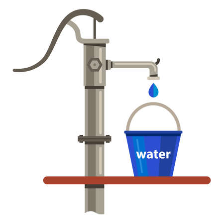 iron water pump with a bucket and a drop. flat vector illustration.のイラスト素材