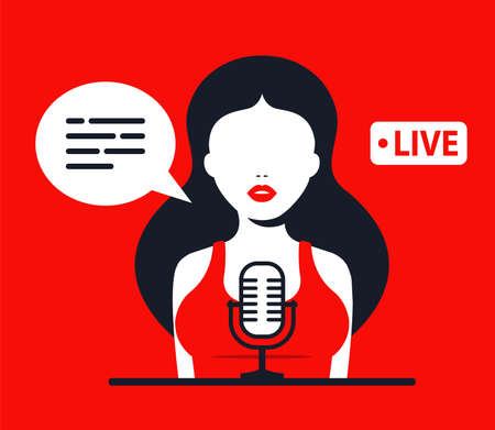 Girl Records A Podcast. work on the radio. Flat character vector illustration.のイラスト素材