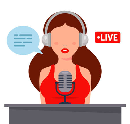 nice girl in headphones records podcast on a microphone. flat character vector illustrationのイラスト素材
