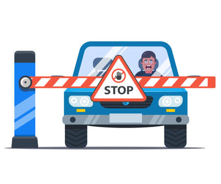 Illustration pour a barrier blocks the way to the car. upset driver. stop sign. flat vector illustration. - image libre de droit