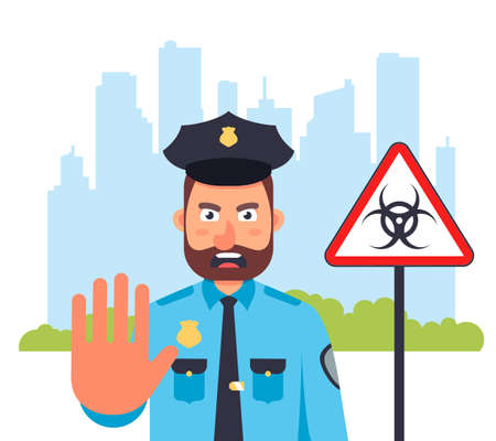 the city is under quarantine. the policeman does not let. curfew on the street. flat vector illustration.のイラスト素材