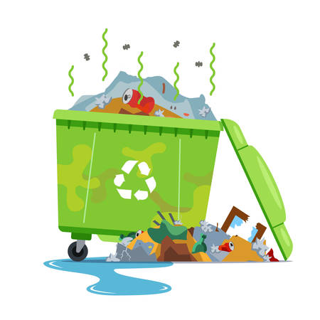dirty broken dumpster. crowded with waste. Flat vector illustration isolated on white background.のイラスト素材