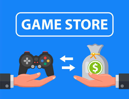 game store selling console for money. flat vector illustration.のイラスト素材
