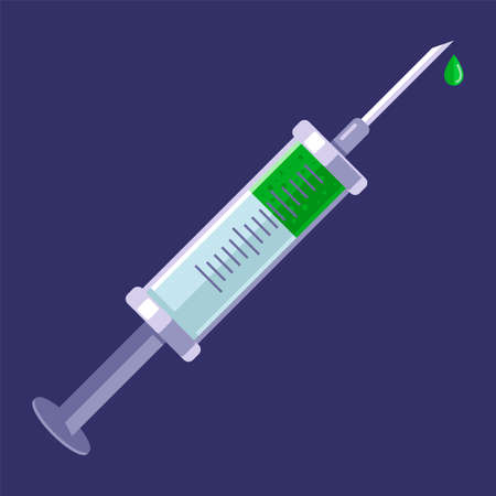 medical syringe with a vaccine on a dark background. flat vector illustration.のイラスト素材