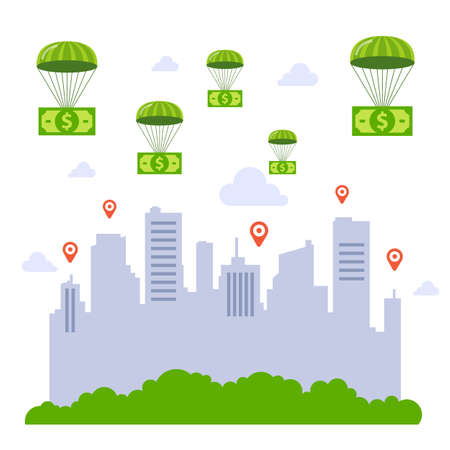 saving the economy with government money. money falling on the city by parachutes. flat vector illustration.のイラスト素材