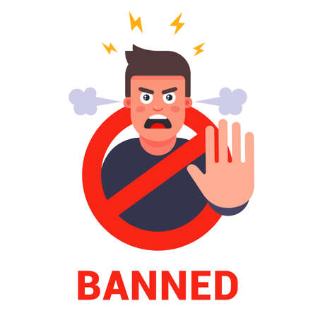 An angry character prohibits and shows a stop sign. flat vector illustration.のイラスト素材