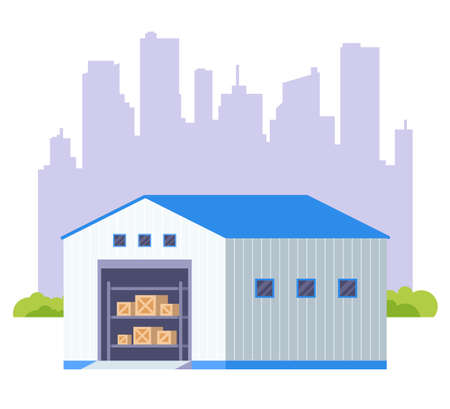 large hangar for storing goods. flat vector illustration.のイラスト素材