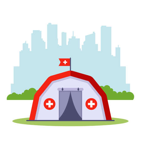 medical tent for emergency needs of citizens. assistance in case of a non-sound situation. flat vector illustration.のイラスト素材