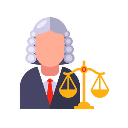 character judge in gown and wig decides the lawsuit. flat vector illustration.のイラスト素材