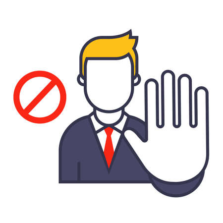 man shows a stop sign. gesture stop on a white background. flat vector illustration.のイラスト素材