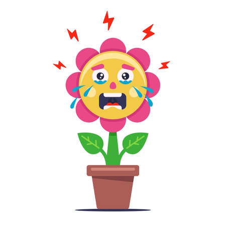 flower crying from bad ecology. the plant is sick and wilted. Flat character vector illustration.のイラスト素材