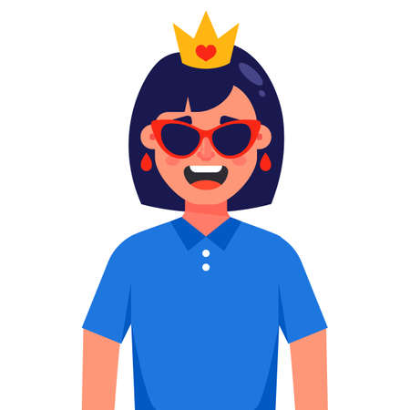 happy girl in a golden crown and sunglasses. Flat character vector illustration.のイラスト素材