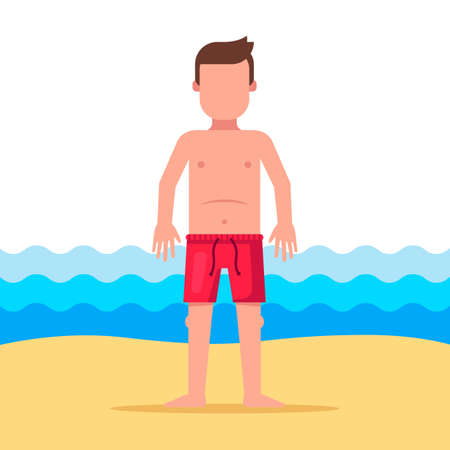a man in shorts is standing on the background of the sea. Flat character vector illustration.のイラスト素材