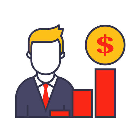 sales growth icon. A marketer shows a company development chart. Flat character vector illustration.のイラスト素材