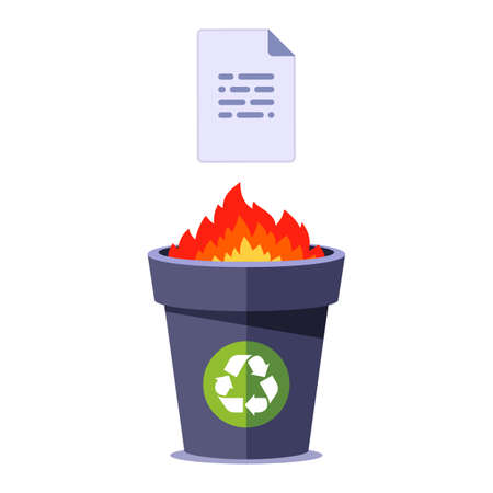 burn paper in the bin. destroy documents on fire. Flat vector illustration isolated on white background.のイラスト素材