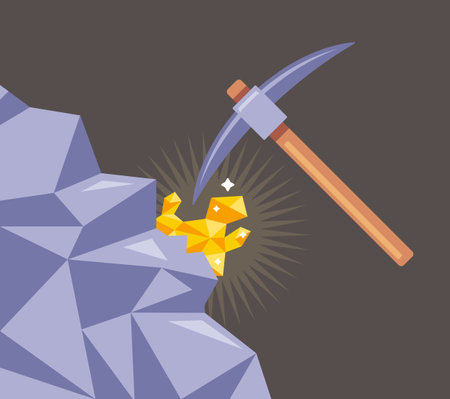mining of gold from rocks. cut the mineral with a pickaxe from the stone. flat vector illustration.