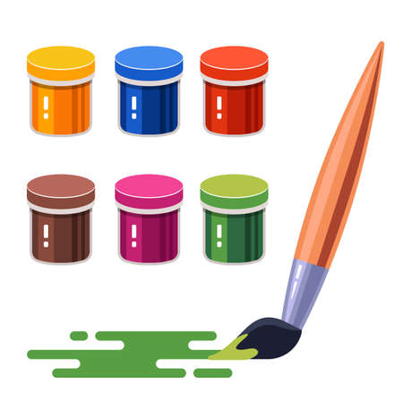 Set of multi-colored gouache paints. paint brush on paper. Flat vector illustration isolated on white background.のイラスト素材