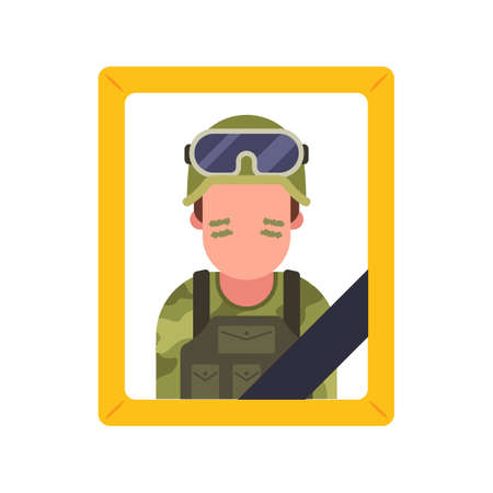 a soldier died during the war. combat losses in battle. photo of a hero with a black ribbon. flat vector illustration.のイラスト素材