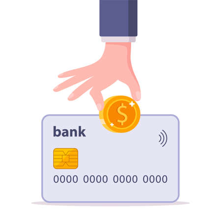 put money on a bank card. replenishment of the account balance. flat vector illustration isolated on white background.のイラスト素材