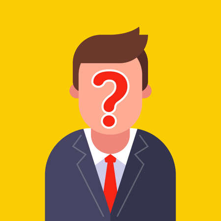 anonymous man in a business suit. question mark on the face. flat vector character illustration.のイラスト素材