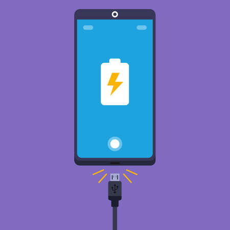 plug the cord from the charger into the cell phone. flat vector illustration.のイラスト素材