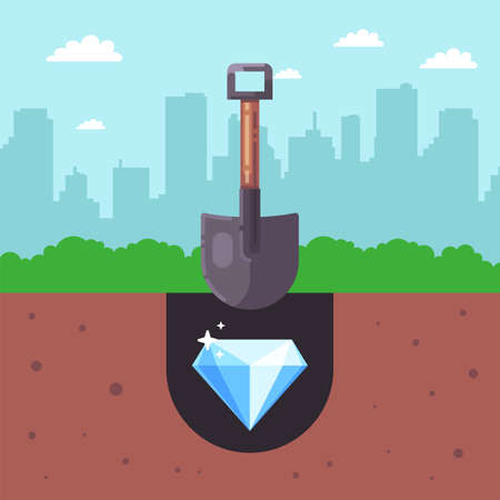 seek treasures in the ground. dig up a diamond in the soil with a shovel. flat vector illustrationのイラスト素材