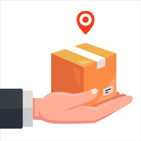delivery of parcels by courier. hold a cardboard box in your hand. flat vector illustration isolated on white background.のイラスト素材