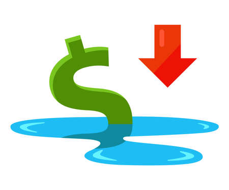 the dollar is drowning in a puddle. falling economy in the united states. flat vector illustration isolated on white background.のイラスト素材