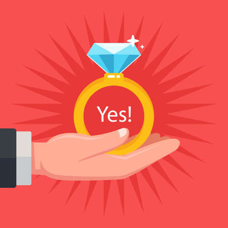make a wedding proposal to your future wife. give a diamond ring. flat vector illustration.のイラスト素材