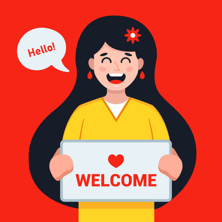 the girl meets the guest with a sign with the inscription welcome. long-awaited meeting of a loved one. flat vector character illustrationのイラスト素材