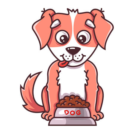 the dog sits next to a bowl of food. flat vector illustration of pet.のイラスト素材