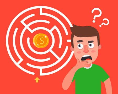 laberine with a coin in the center. obstacles on the road to financial success. flat vector character illustration.のイラスト素材