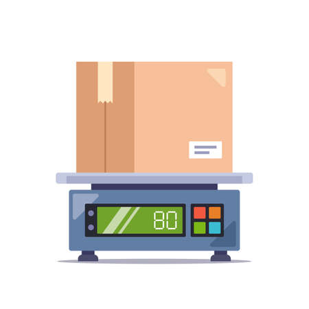 weigh the parcel in a cardboard box on an electronic scale. flat vector illustration isolated on white backgroundのイラスト素材
