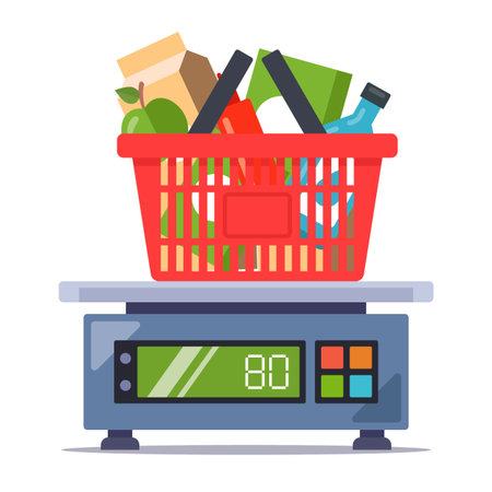 weigh products from the store on the scales. food set. flat vector illustration isolated on white background.のイラスト素材