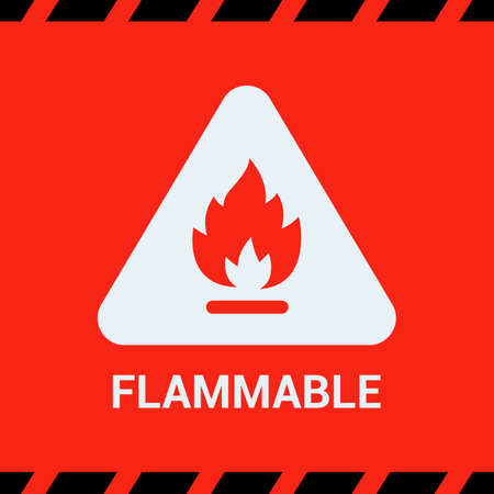 the red sticker is flammable. fire in a triangle. warning about the danger at the facility. flat vector illustration.のイラスト素材
