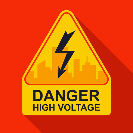yellow sticker caution high voltage. flat vector illustration.のイラスト素材