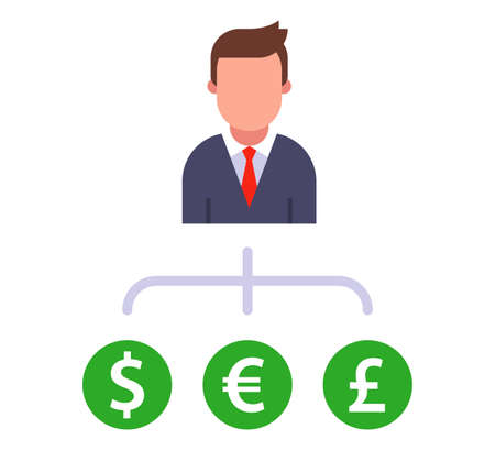a person chooses a currency to buy. euro, dollar or pound sterling. flat vector character illustration.のイラスト素材