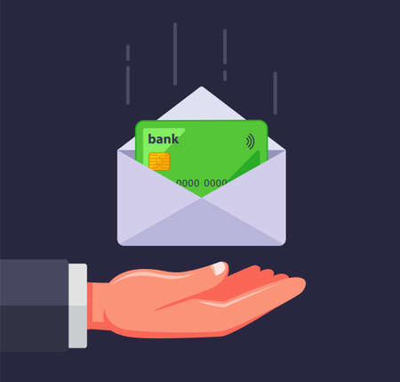 bank card in an envelope. receive a credit card by mail. flat vector illustration.のイラスト素材