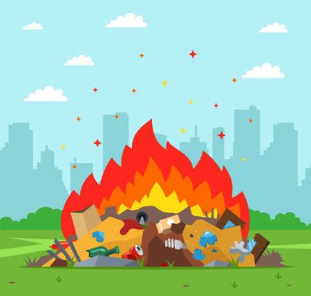 garbage dump is burning on the background of the city. improper waste disposal. flat vector illustration.のイラスト素材