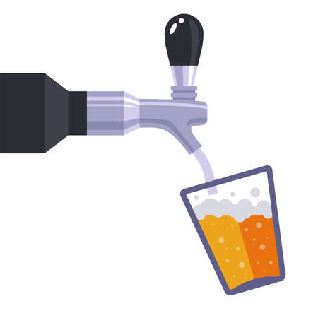 iron faucet pours beer drink into a glass. flat vector illustration isolated on white background.のイラスト素材