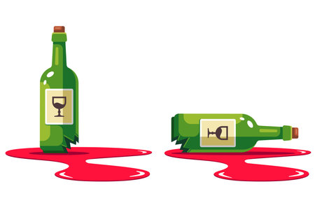set with a bottle of wine that is smashed. puddle of alcohol. damage to the store. flat vector illustration isolated on white background.のイラスト素材