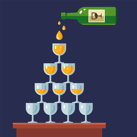 champagne is poured into a pyramid from glasses. festive table decoration made of alcohol. flat vector illustrationのイラスト素材