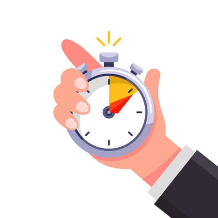 the coach holds a stopwatch in his hand and marks the time. flat vector illustration isolated on white background.のイラスト素材