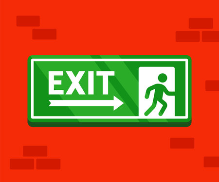 fire evacuation sign. The safe exit sticker hangs on a brick wall. flat vector illustration.のイラスト素材