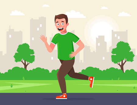 man runs in the park in the morning. morning jogging. doing sports on the street. flat vector character illustration.のイラスト素材
