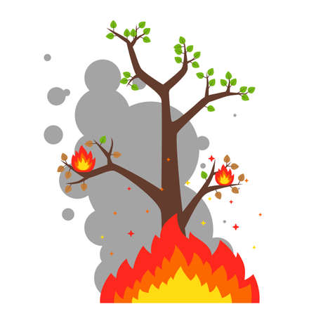 lonely burning tree on a white background. destruction of the forest by fire. flat vector illustration.のイラスト素材
