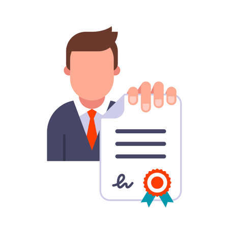 manager in a suit holds a document in his hand. present a signed and sealed contract. flat vector illustration isolated on white background.のイラスト素材