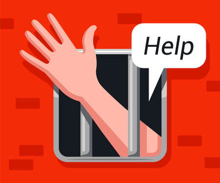 a prisoner reaches out his hand from a prison cell and asks for help. flat vector illustration.のイラスト素材