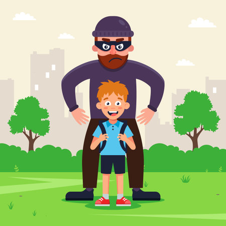 a thug kidnaps a child for ransom. flat vector character illustration.のイラスト素材